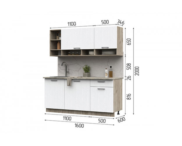 Кухонный гарнитур Рица 1,6 белый / дуб крафт серый